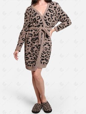 Leopard Pattern Luxury Soft Robe With Front Pockets & Belt